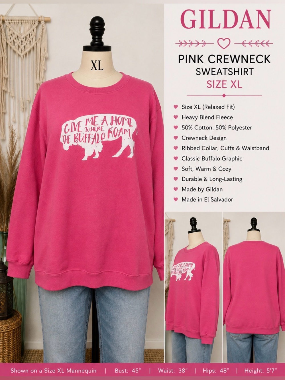 Gildan Pink Crewneck Sweatshirt with White Buffalo Graphic